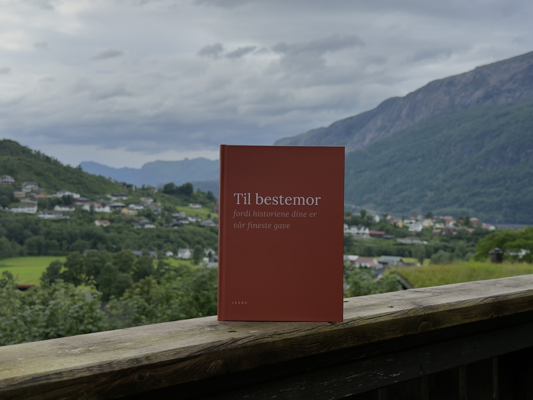 Til bestemor — minnebok i terrakotta hardcover fra Levde, stående ved blomster